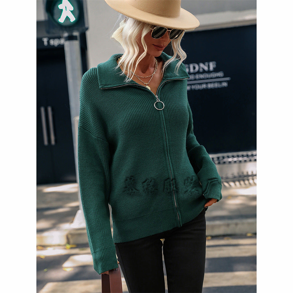 Women's Knitted Turtleneck Solid Color Women's Knitwear European and American Zipper Sweater