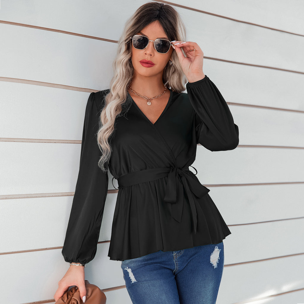 2022 Early Autumn New Thin Top Beauty Clothing Fashion Tie Waist-Tight V-neck Shirt