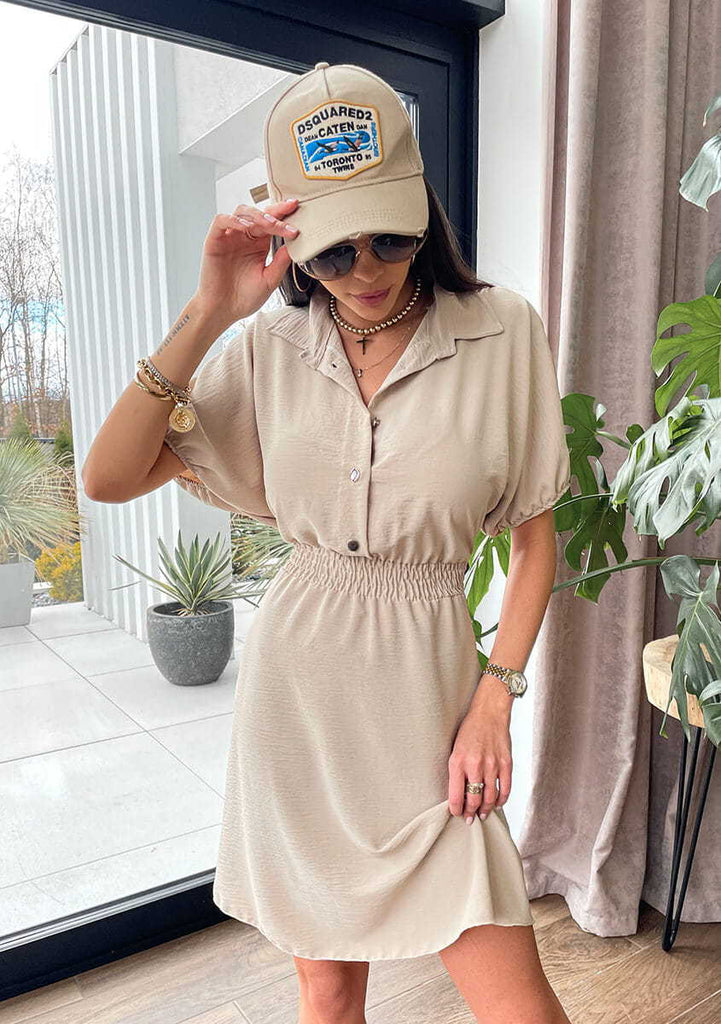 Fashion Tailored Collar Button Waist Dress Women's Dress