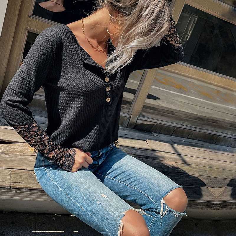 Early Autumn European and American Style Casual Women's Wear Long-Sleeved Lace Bottoming Black Sweater