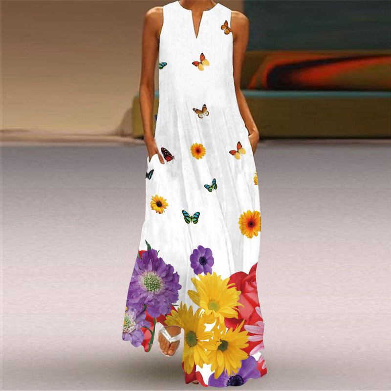 Sexy Digital Printed V-neck Sleeveless Dress Pocket European and American Style Dress