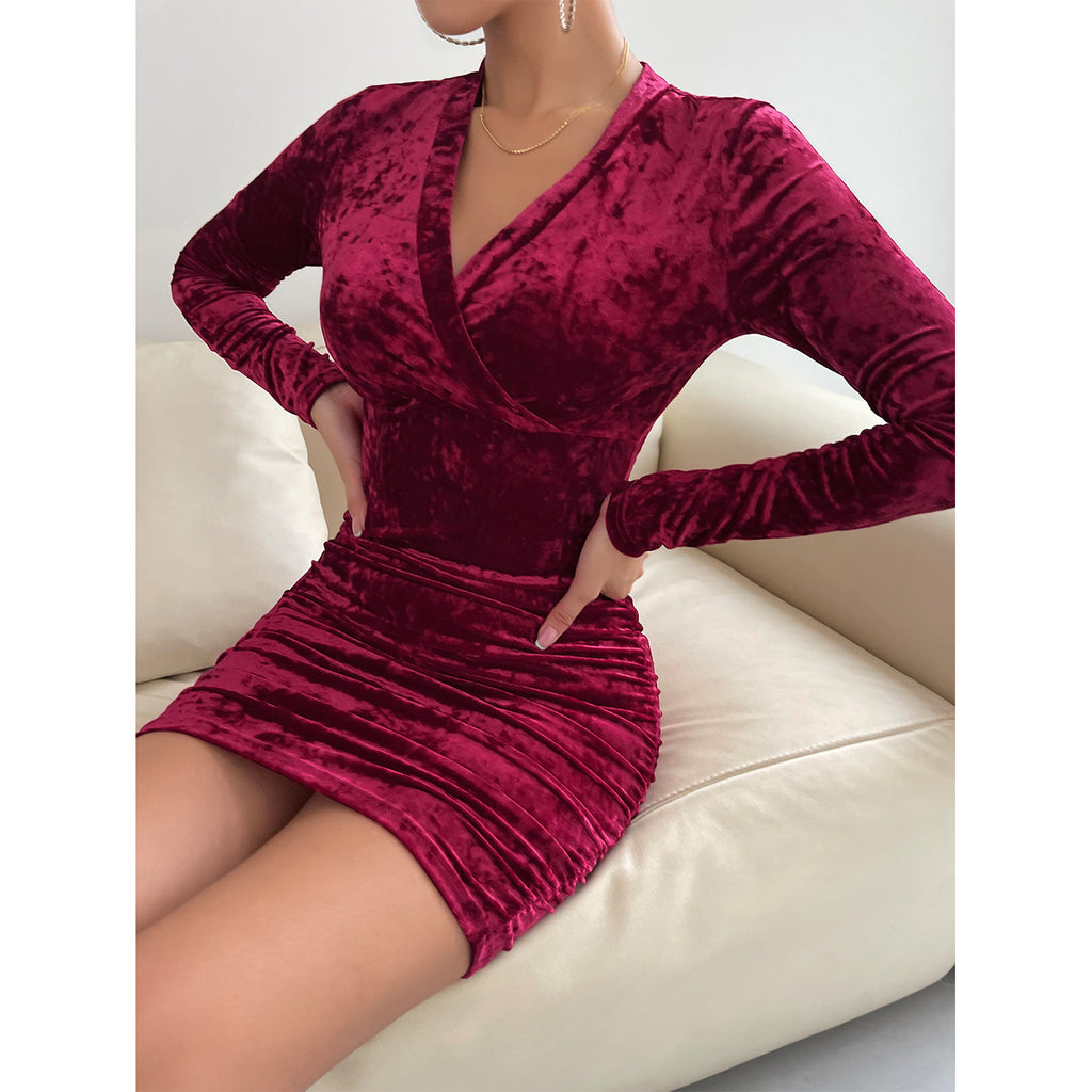 2022 Autumn and Winter New Velvet Dress European and American Women's Clothing V-neck Sexy Slim Hip Dress