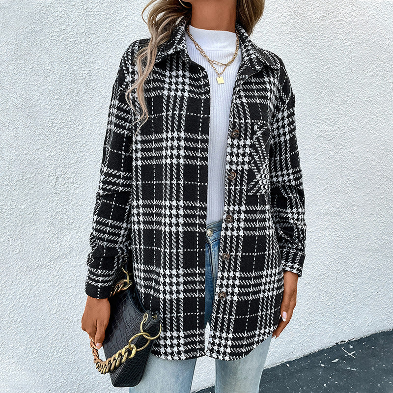 Casual All-Matching Fashion Plaid Woolen Jacket Long-Sleeved