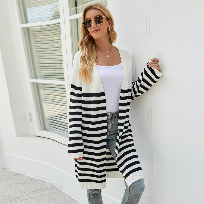 Fashion Long Sweater Coat European and American Striped Contrast Color Knitted Cardigan