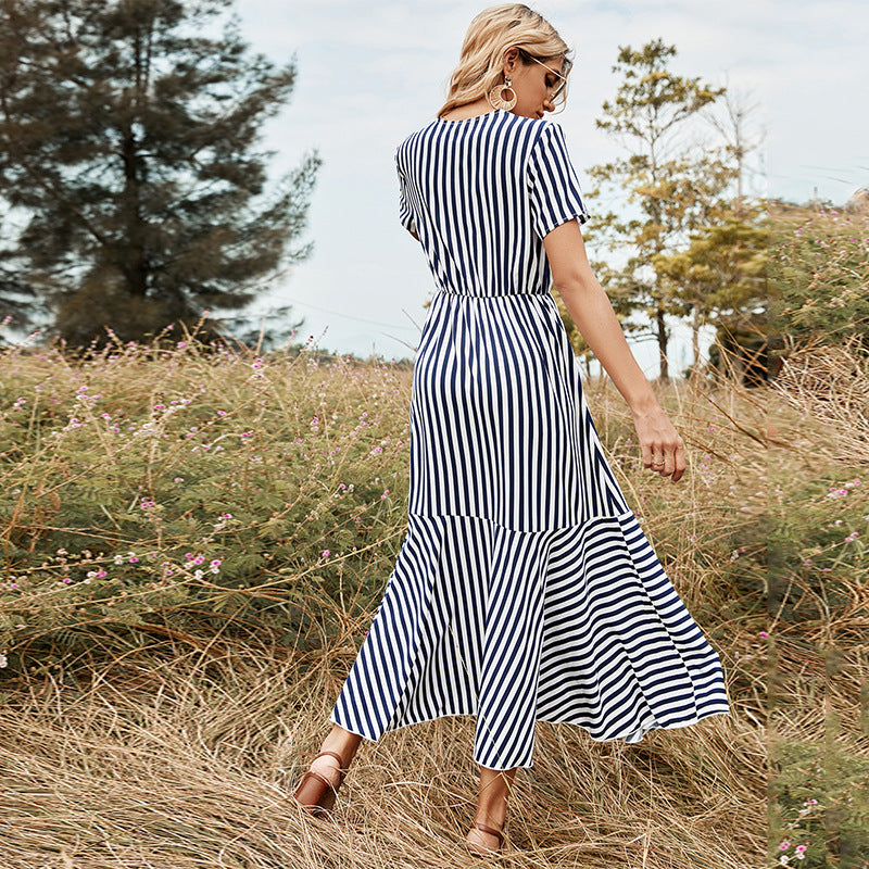 Women's V-neck High Waist Navy Blue Single-Breasted Short Sleeve Striped Dress