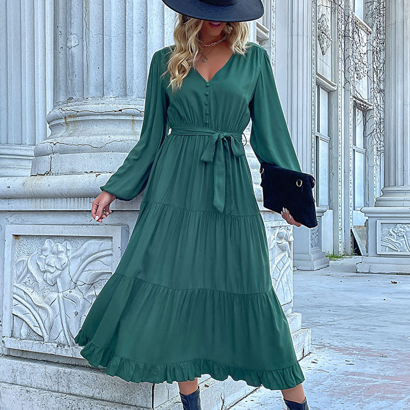 Fashion Women's Wear Autumn and Winter New Long Sleeve Pleated Green Dress