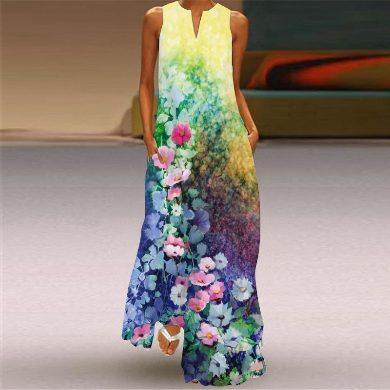 European and American Retro Printed Long Dress V-neck Multicolor Long Sexy Sleeveless Dress