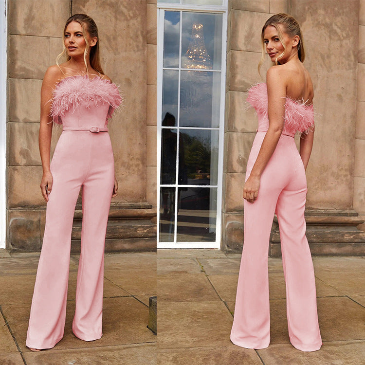 Chest-Wrapped Furry Collar Belt Slim-Fit Dress Pants Jumpsuit