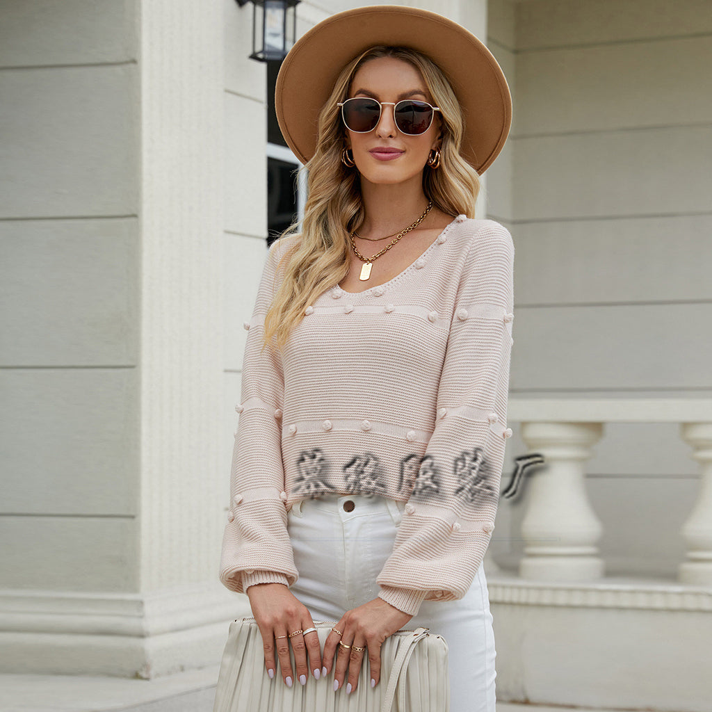 Fashion Long Sleeve U-Collar Knitted Loose Solid Color Pullover Sweater Women