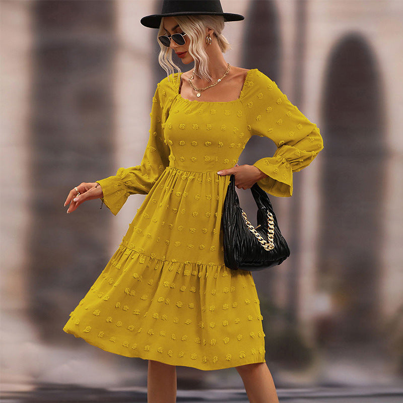 Autumn Three-Dimensional Embossed Chiffon Midi Long Sleeve Dress