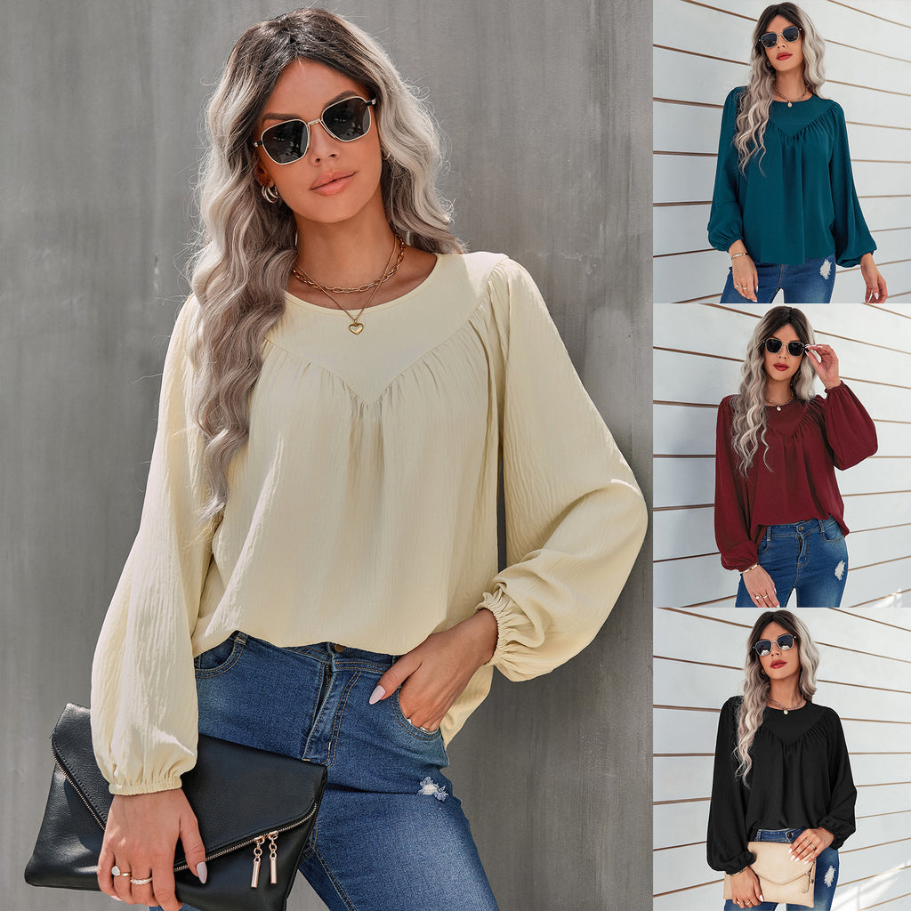 2022 Early Autumn New Top Women's Solid Color round Neck Pullover Shirt Loose Shirt