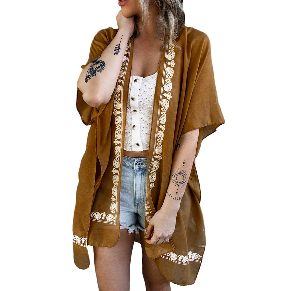 Blouse Chiffon Summer Pattern Loose Beach Sun Protection Half Sleeve