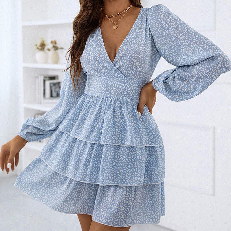 Cake Dress V-neck Tight Waist Puff Sleeve Polka Dot Printed Dress