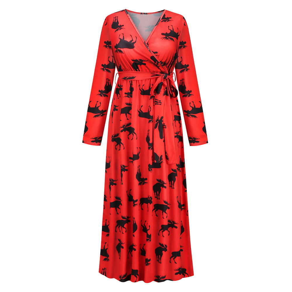 Christmas Printed Dress Fashionable V-neck Long Knitted Fitted Waist Dress