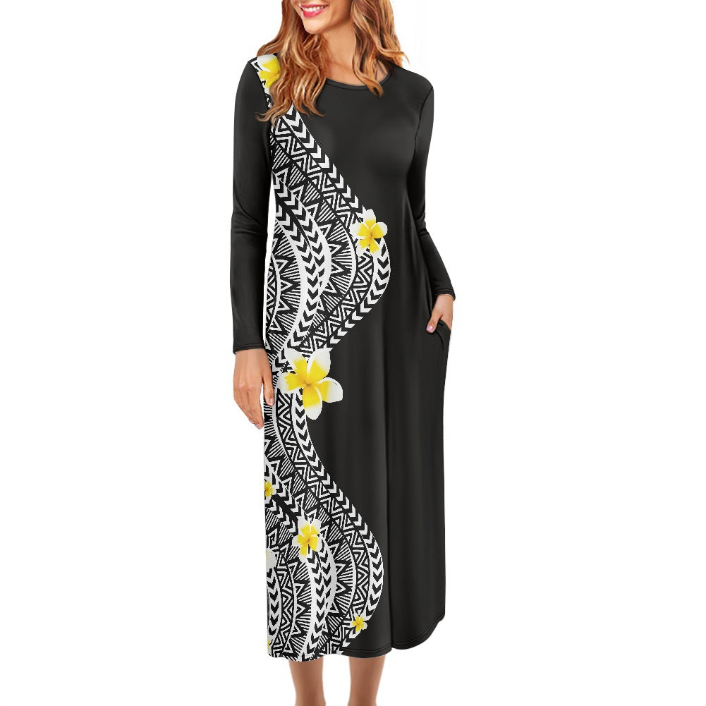 Hawaiian Print Dress Large Size Long Sleeve Round Neck Foreign Trade Women's Long Skirt