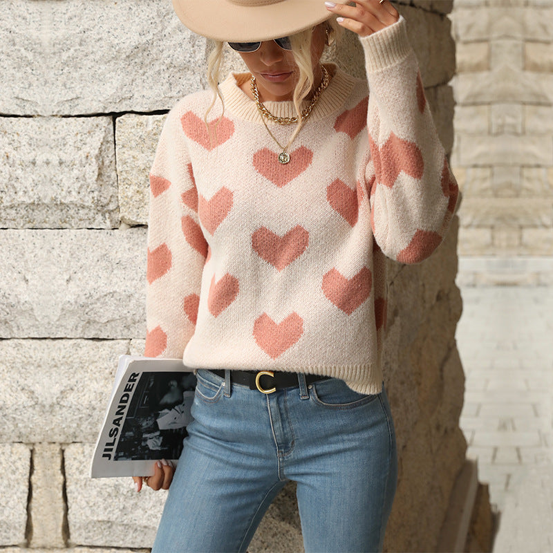 Autumn and Winter European and American Fashionable Knitted Casual Love Long-Sleeved Pink Sweater