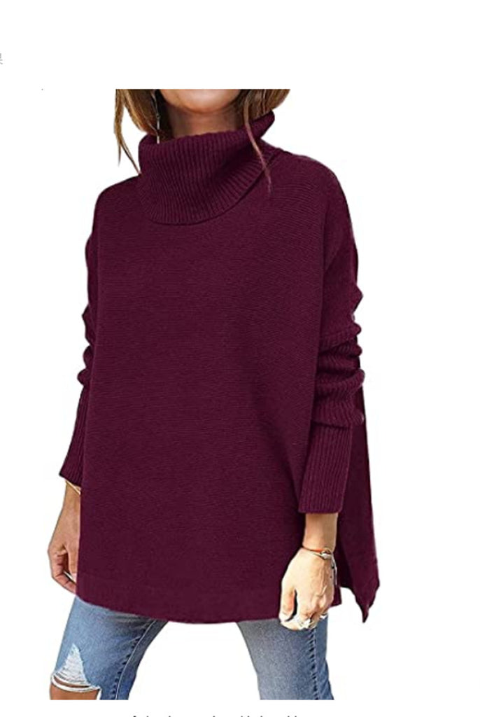 Women's Turtleneck Oversized Sweater Mid-Length Batwing Sleeve Hem Waist Pullover Sweaters Top