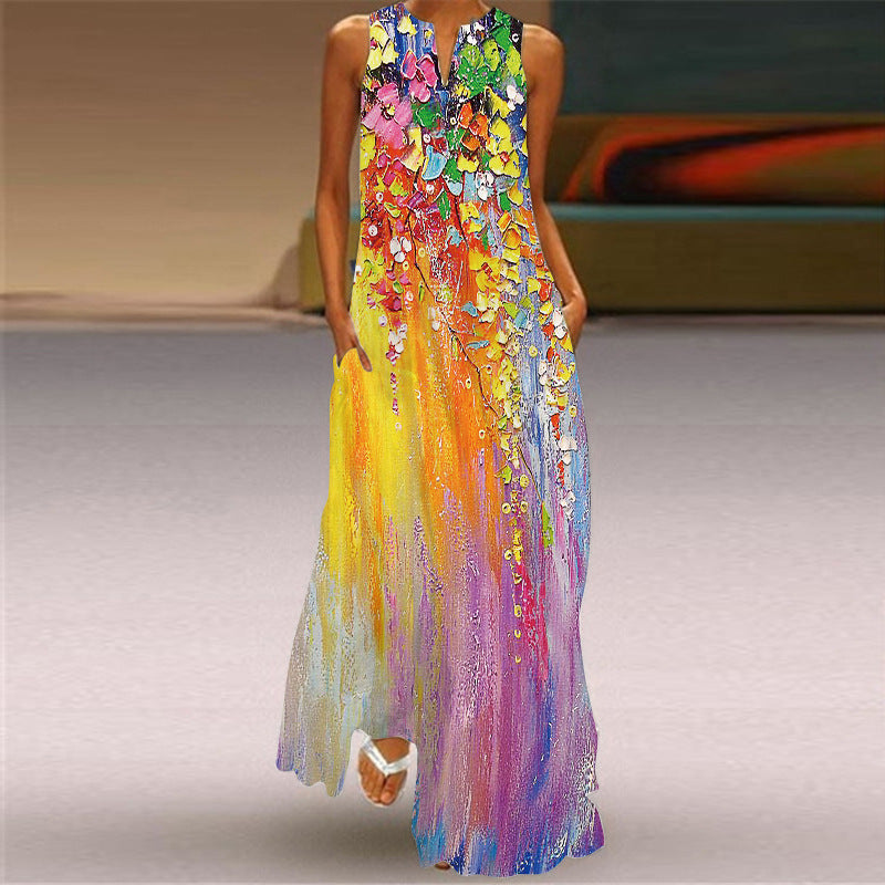 European and American Retro Printed Long Dress V-neck Multicolor Long Sexy Sleeveless Dress