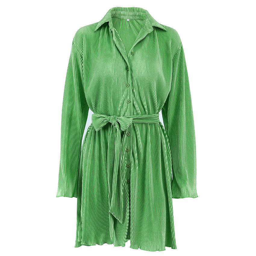 European and American Leisure Pleated Shirt Dress Toothpick Pleated Fashion Commuter Dress Fitted Waist Bowknot