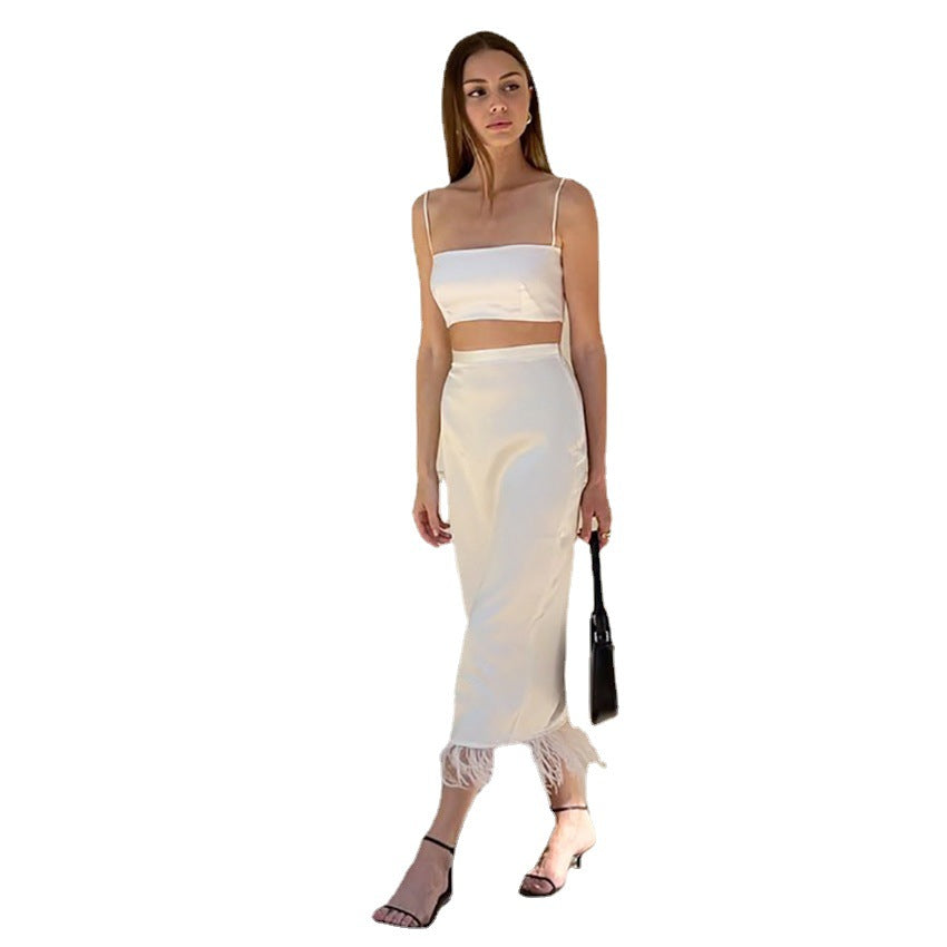 Satin Imitation Acetate Sling Commuter Ostrich Feather Skirt Feather Suit French Two-Piece Set