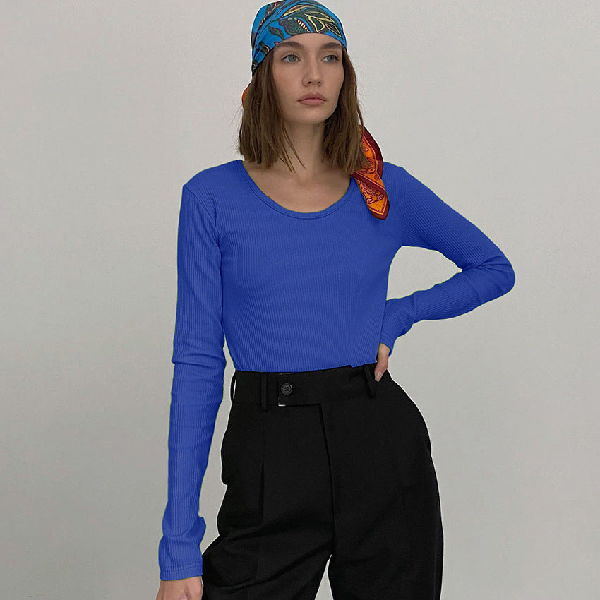 All-Match Knitted Long-Sleeved Bottoming Shirt Christmas Slim Top Klein Blue T-shirt for Women