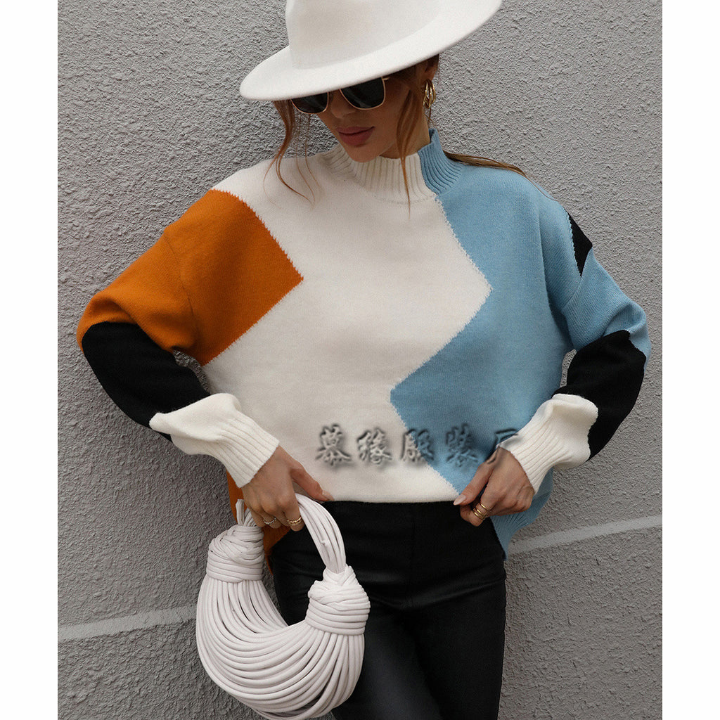 Autumn and Winter European and American Loose New Color-Block Crew Neck Knitwear Women's Pullover Foreign Trade Sweater Women