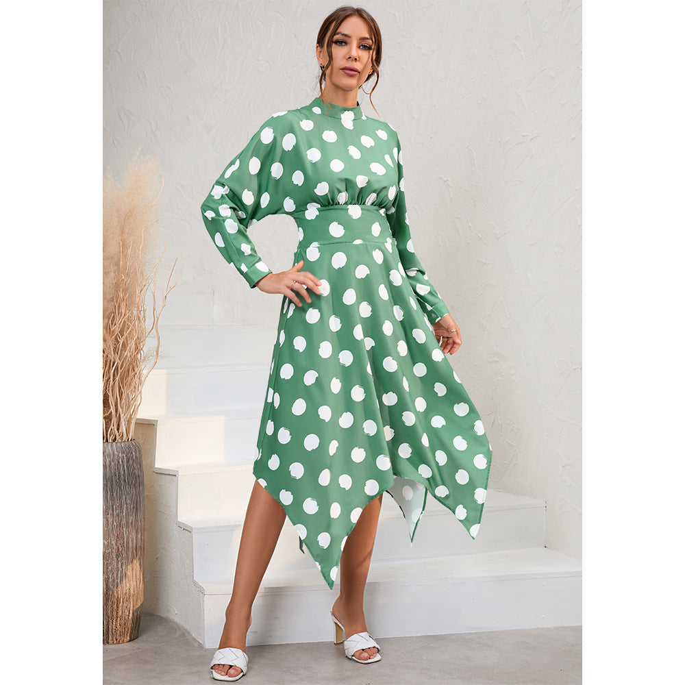 Irregular Long Sleeve Polka Dot Dress Women's New European and American Popular