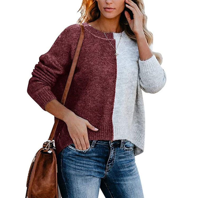 Women's Long-Sleeved Floral Block Sweater Casual Loose round Neck Pullover