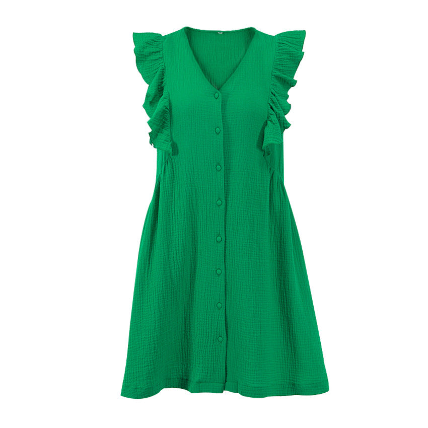 European and American Green Crepe Cotton Dress Ruffled Commute Leisure Vest Shirt Dress for Women