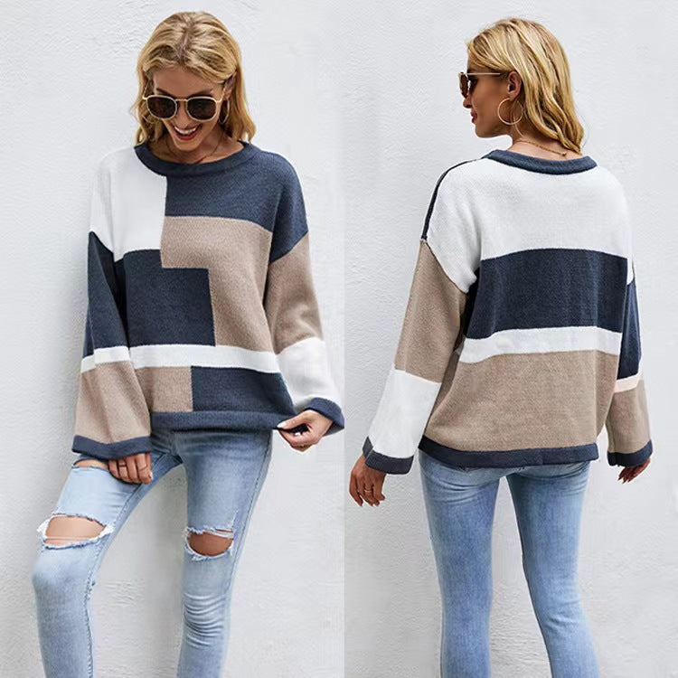 Women's round Neck Pullover Color Contrast Color Large Size Loose Knitted Sweater