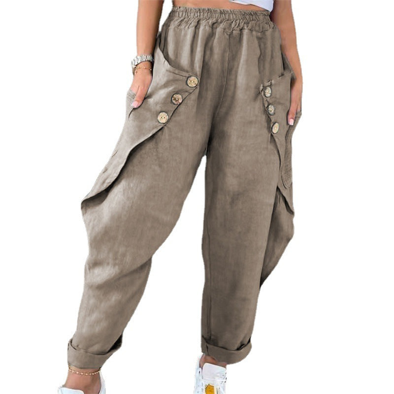 Casual Pocket Button Waist Trimming Casual Trousers