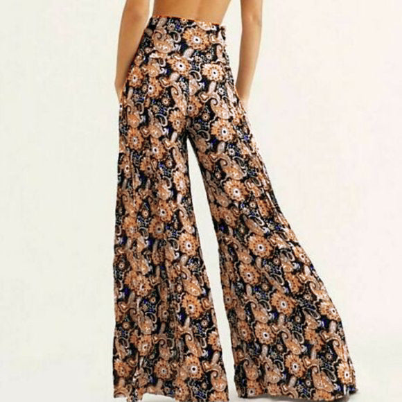 Floral Digital Printing Women's Rope Belt Casual Wide-Leg Pants Beach Vacation Bell-Bottom Pants