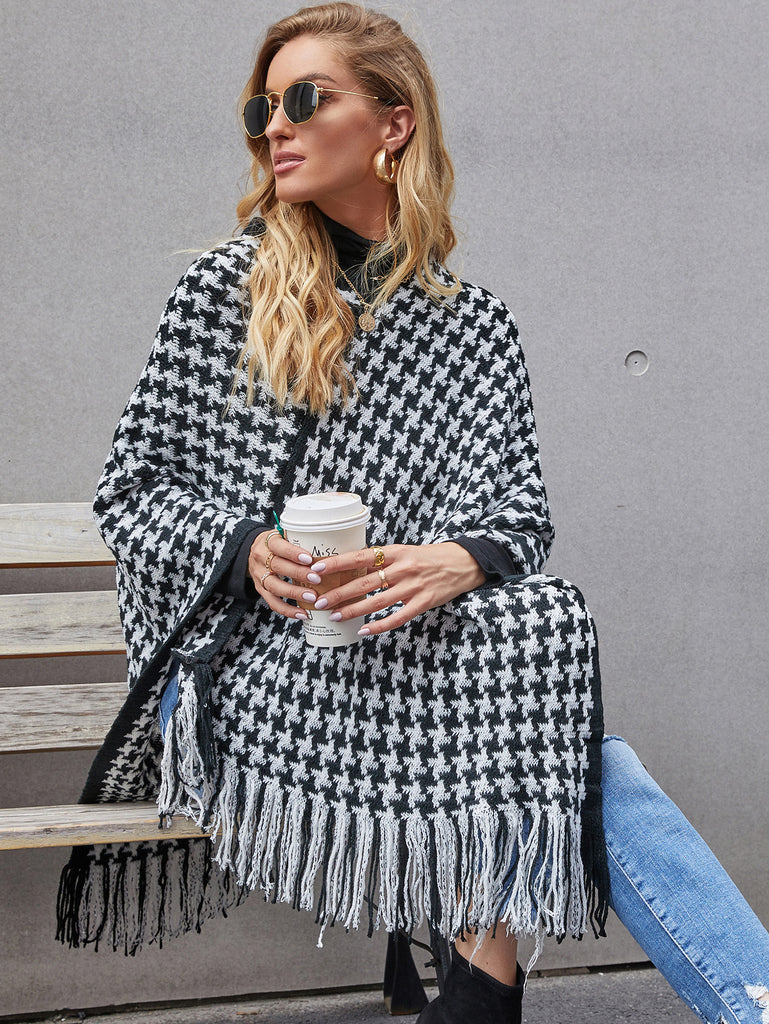 Autumn and Winter New Houndstooth Tassel Shawl Sweater Cloak Women