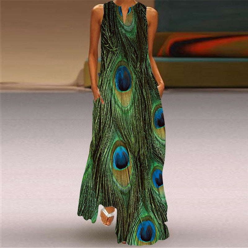 European and American Retro Printed Long Dress V-neck Multicolor Long Sexy Sleeveless Dress