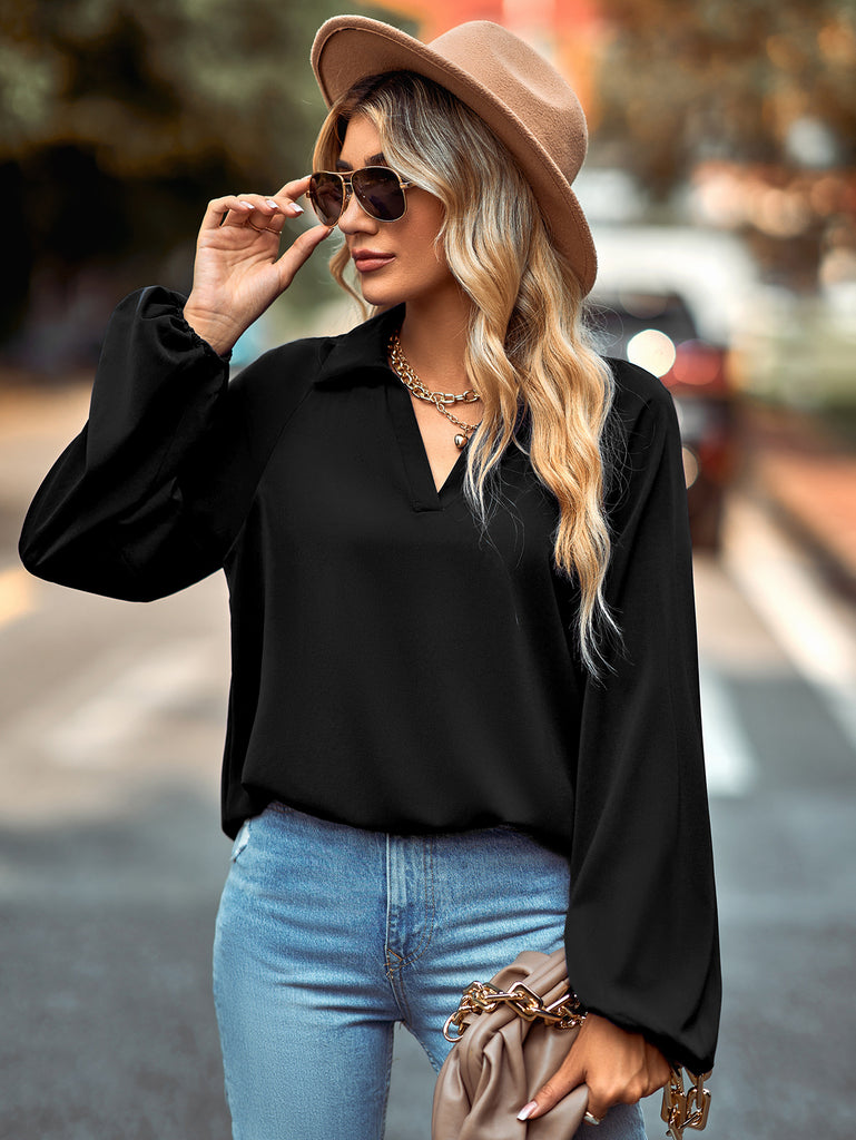 2022 New Shirt Women's European and American Solid Color and V-neck Shirt Design Sense Niche High-End Shirt Fashion