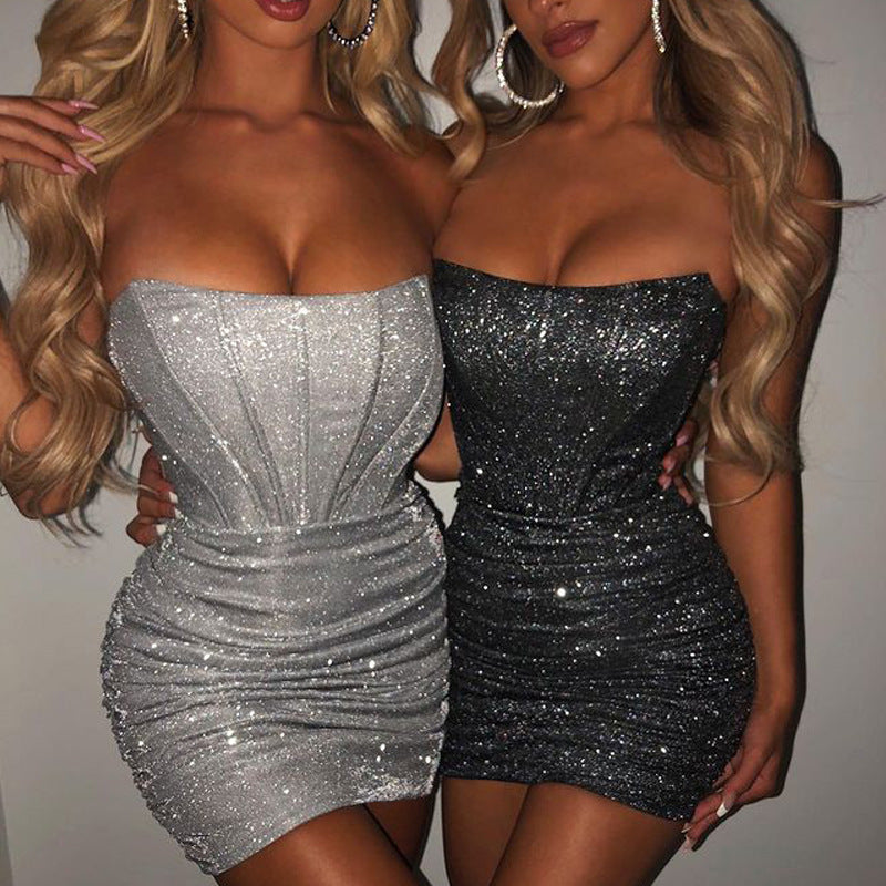 European and American Party Night Club Style off-Shoulder off-the-Shoulder Tube Top Fishbone Dress