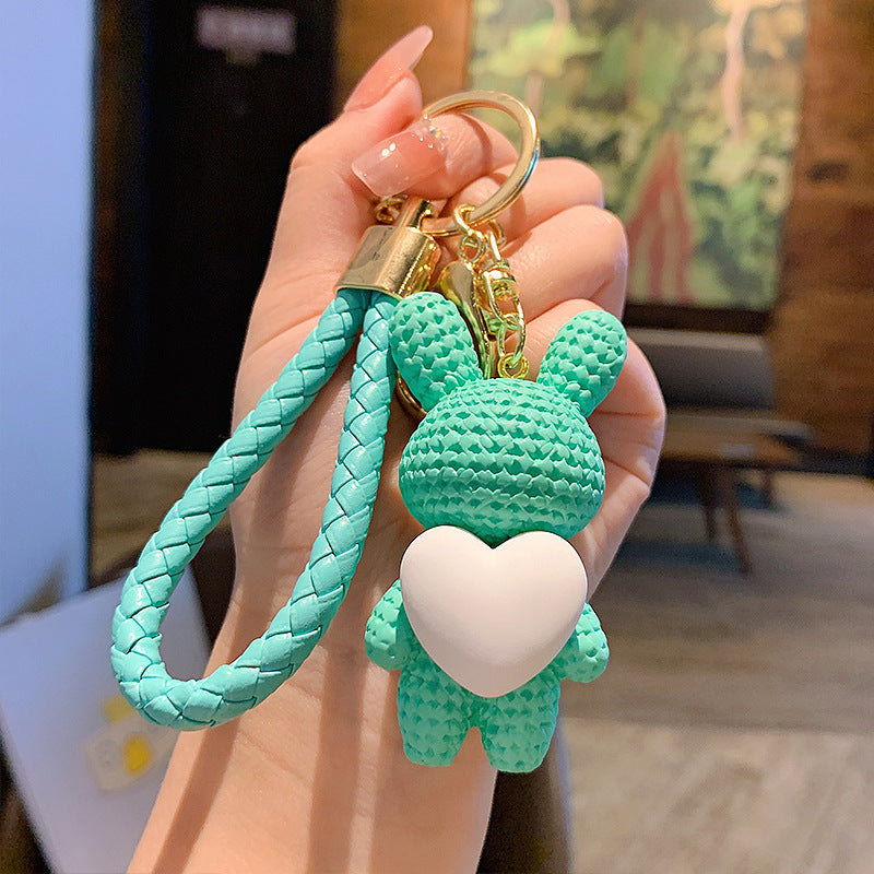 Creative Peach Heart Woven Rabbit Keychain Female Cute Couple Rabbit Schoolbag Pendant Car Key Chain Ornaments