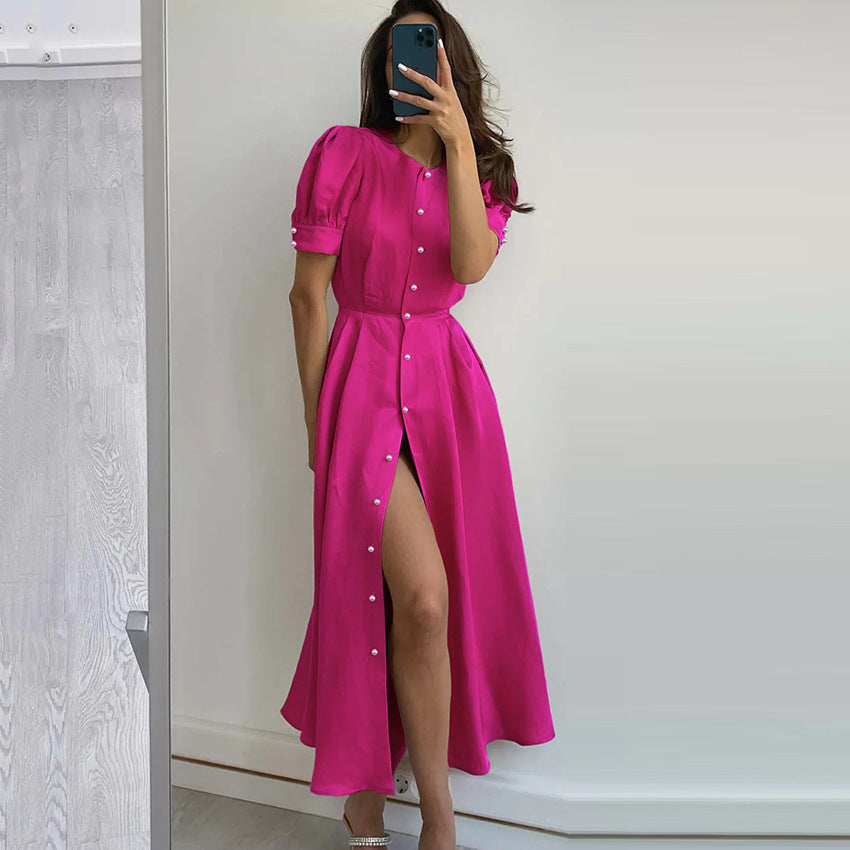 Elegant Slit Dress Short Sleeve Commuter Dress Fashion Small Zhongtong Qin Shirt Dress Women's Clothing