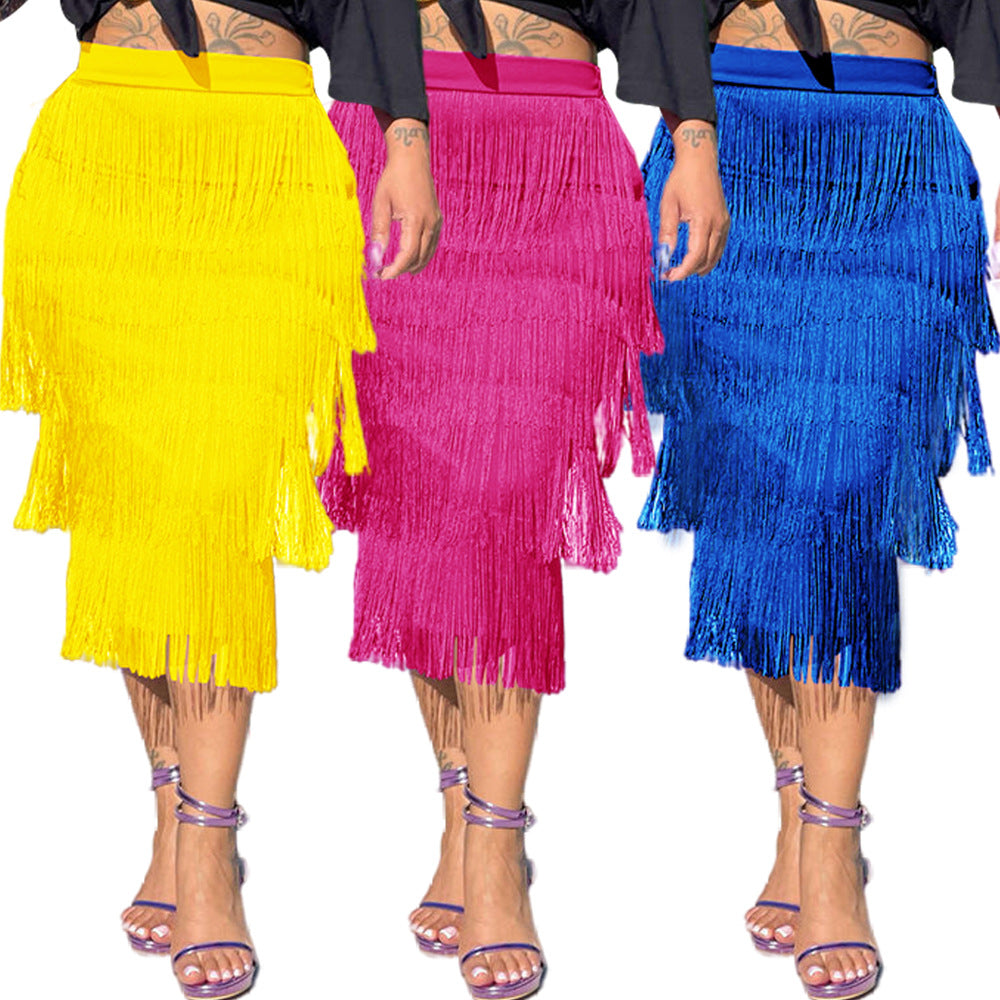 European and American Style Women's Skirt Tassle Fashion Elegant Skirt Mid-Length Skirt