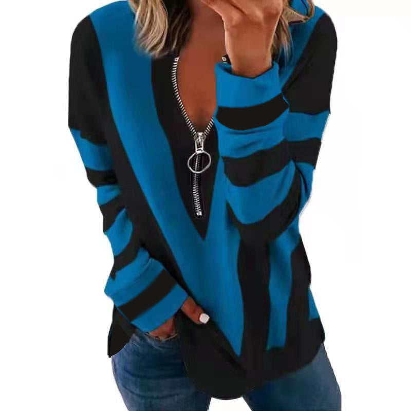 Amazon Amazon Temperament Chest Zipper V-Shaped Printed Long-Sleeved T-shirt in Stock