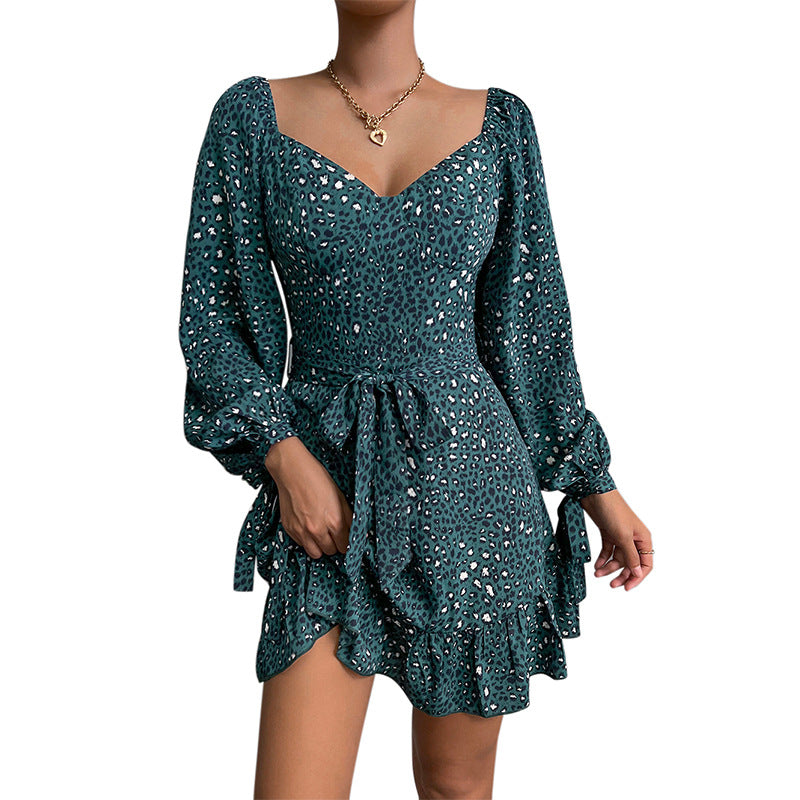 Women's V-neck Sequins Lace-up Waist-Slimming Dress Irregular Long Sleeve Dress