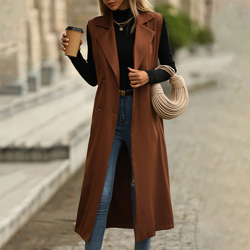 Fashion Polo Collar Sleeveless Solid Color Trench Coat Coat