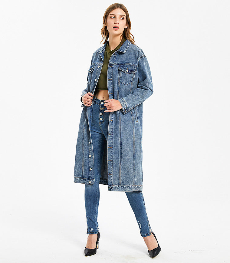 Women's Long Denim Jacket Washed-out Vintage Slim Fit Fashion Denim Jacket