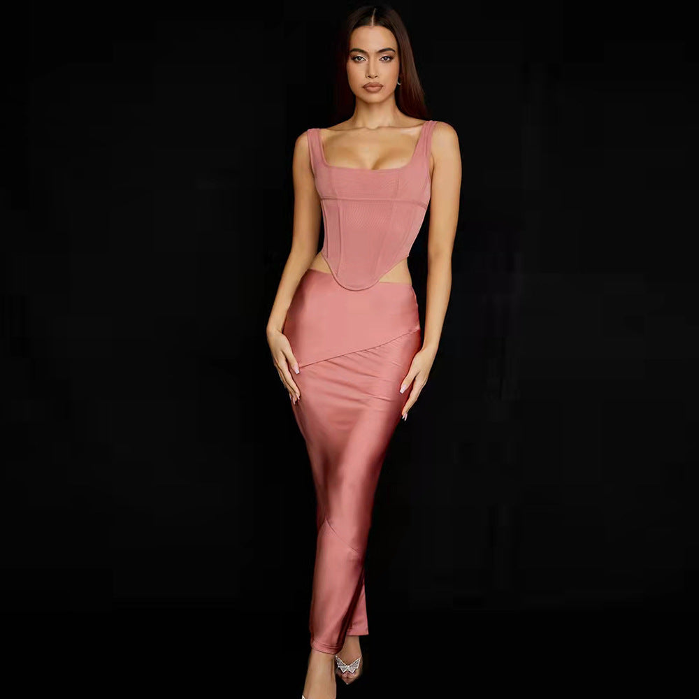 Autumn and Winter New Mesh Fishbone Sling Backless Satin Sheath Slit Dress Two-Piece Set for Women