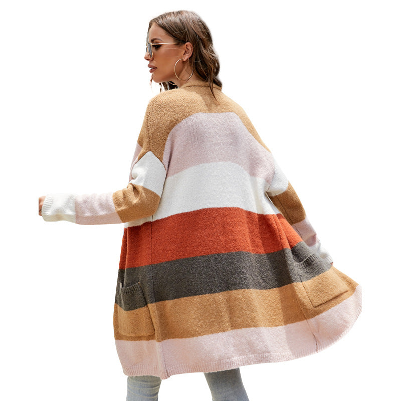 Contrast Color Long Outer Wear European and American Long-Sleeved Striped Knitted Cardigan