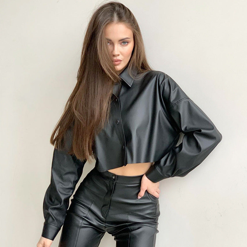 PU Leather Coat European and American Women's Clothing Street Hot Girl Middle Section Domineering Shirt Long Sleeve Short Shirt Motorcycle Style