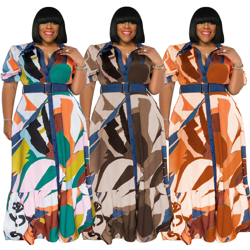 Bestseller Colorful Printed Dress with Belt Loose plus Size Women's Clothing