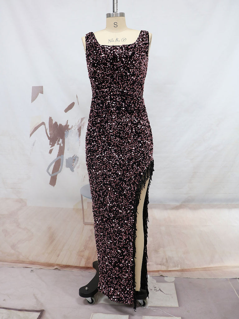 Women's European and American Sexy Sequined Tassel Split Dress Banquet Dress
