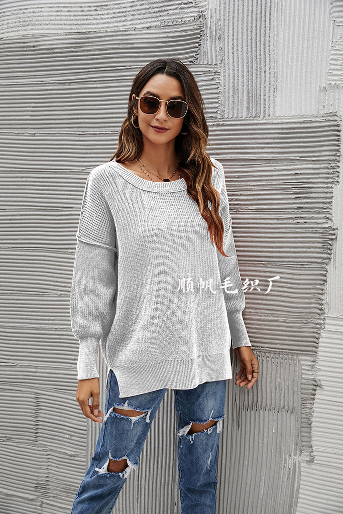 Fashion Pullover Sweater round Neck Loose off-the-Shoulder Large Size Solid Color Sweater