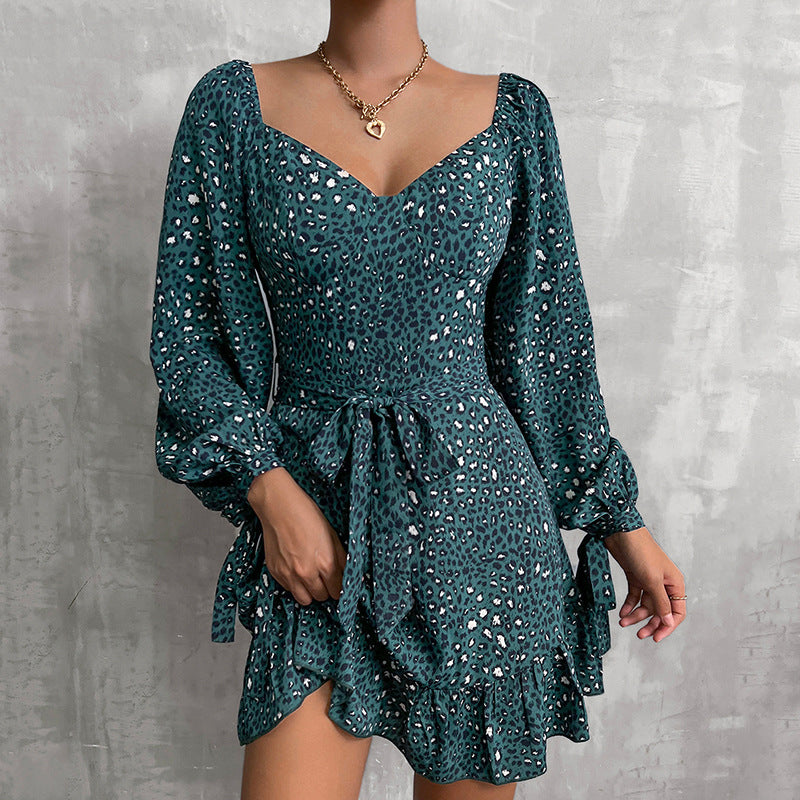 Women's V-neck Sequins Lace-up Waist-Slimming Dress Irregular Long Sleeve Dress